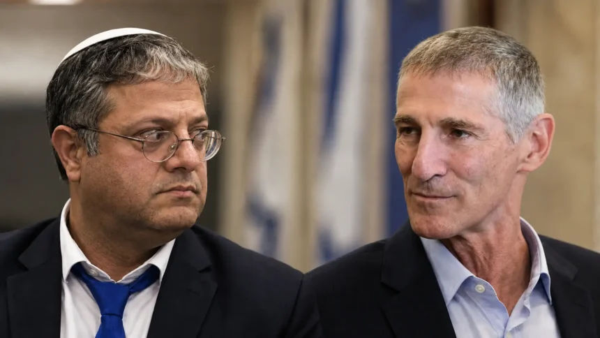 איתמר בן גביר ויאיר גולן מביטים זה בזה על רקע כחול לבן
